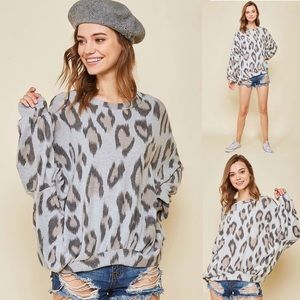 Gray Leopard Print Soft Blouson Top Sweatshirt